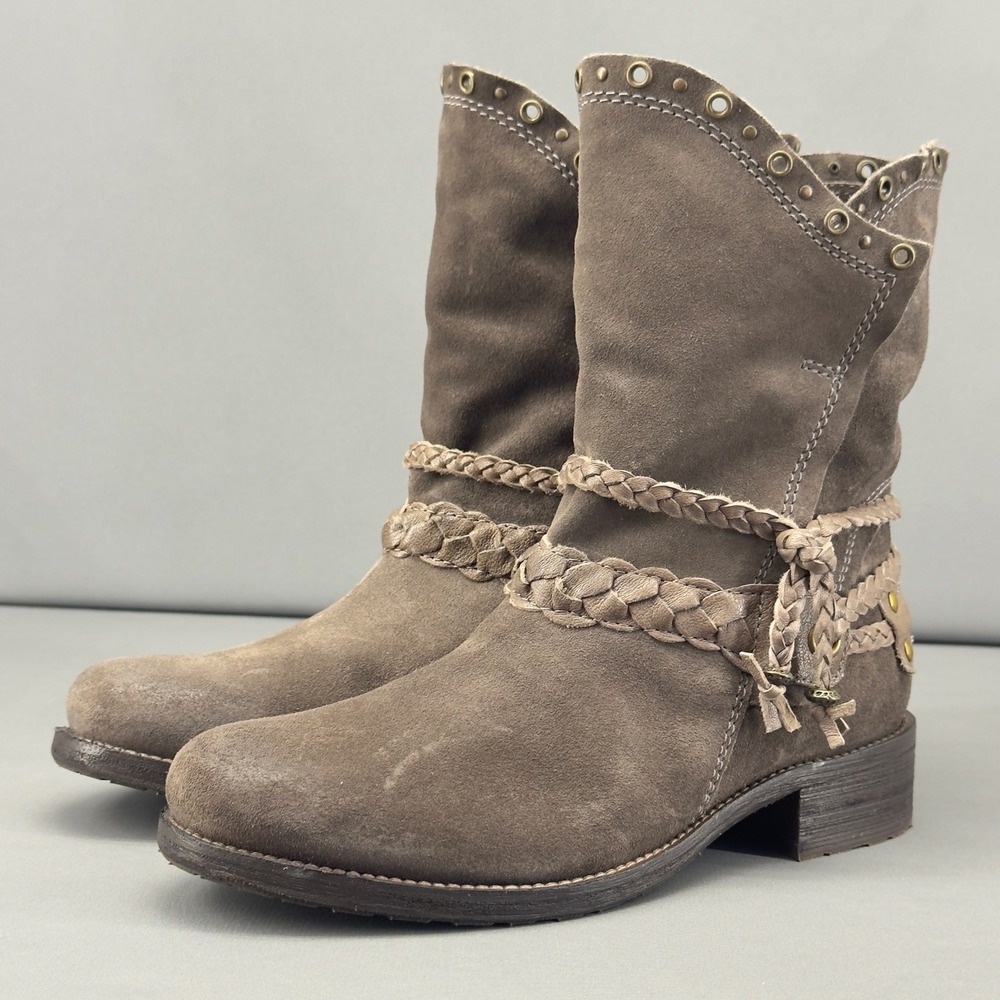 H.S. Trask Naomi Women's Taupe Suede Braided Detail Ankle Boots Size 6M‎